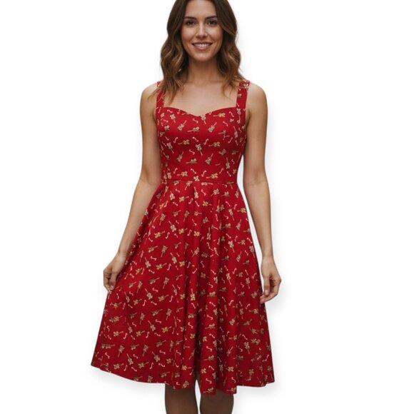 Hearts & Roses Red Fit & Flare Dress Size 8 Violin Print Tockabilly Pinup Retro - Picture 1 of 14